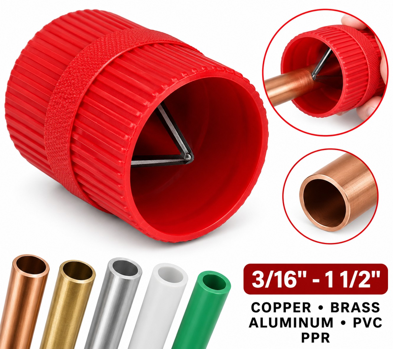 Red Tube Reamer Deburring Tool 3/16"–1½" for Copper, PVC & PPR - Image 4
